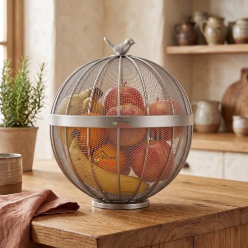 Image of Premium Fruit Basket for Kitchen, Dining Table | Trending Bird Design Fruit Basket with Lid | Decorative Bulbul Basket for Fruits, Vegetables and Snacks - Silver