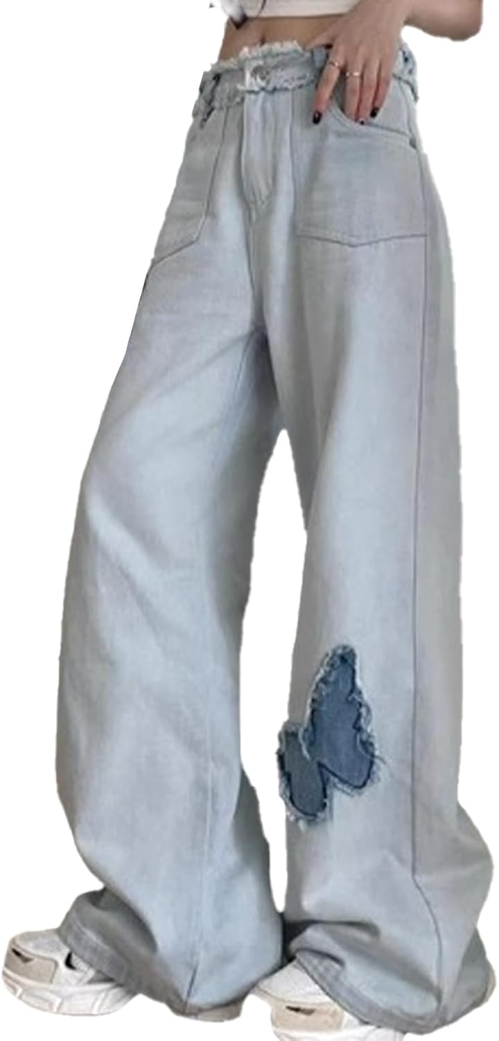 Women's Daily Casual Pants Light Blue Butterfly Embroidery Loose and Fashionable Commuting Style Wide Leg Pants
