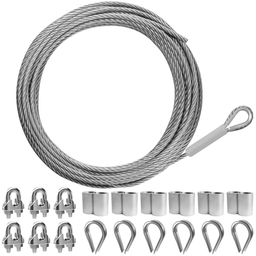 1/4" Wire Rope,25FT 304 Stainless Steel Wire Cable Kit,7x19 Strand Core with Sleeves,Clips,Thimbles,for Deck Railings,Stair Railings, Climbing Plants, Outdoor Hanging by Jayzod - Used condition - US$20.78