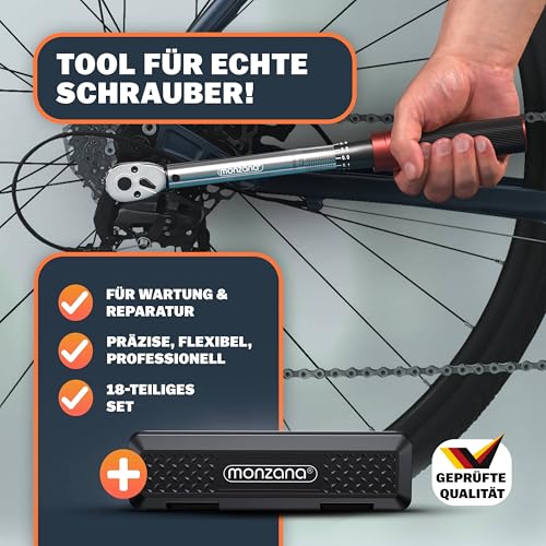 MONZANA® Fahrradmontageständer 50 kg mit Drehmomentschlüssel 1/4 Zoll Set Profi E-Bike klappbar Tragetasche Reifenheber 1-25 Nm Bitset Transportbox
