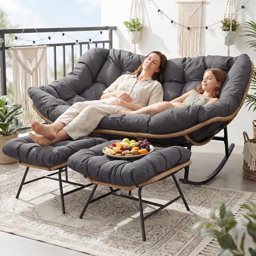 Image of NICESOUL Oversized Double Rocking Papasan Chair with Cushion, 2 Person Big Wicker Outdoor Comfy Recliner, Large Heavy Duty 700 lbs Loveseat for Patio, Balcony, Backyard (Grey, 2 Seats w /Ottoman)