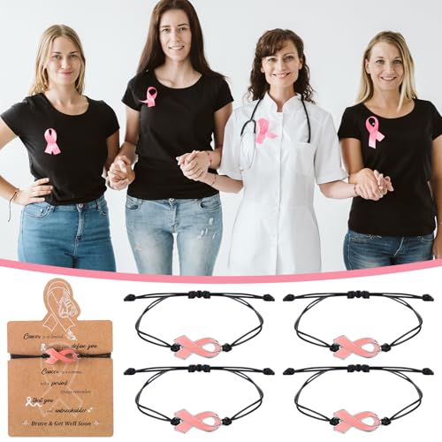Woanger 50 Sets Breast Cancer Awareness Bracelet Pink Ribbon Adjustable Cord Bracelet with Inspirational Card for Women Girls4