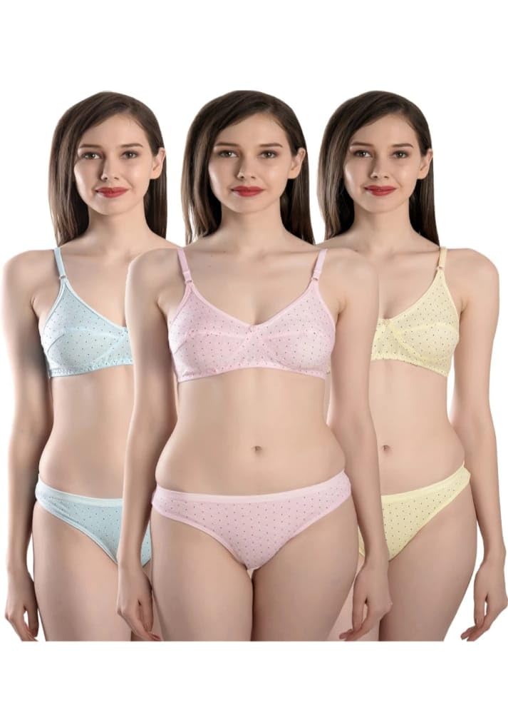 R.J POINT Women's Cotton Lightly Non Padded Non-Wired Half Cup Bra with Panty Set | Doted Print Bra Panty Set for Women (Set of 3)