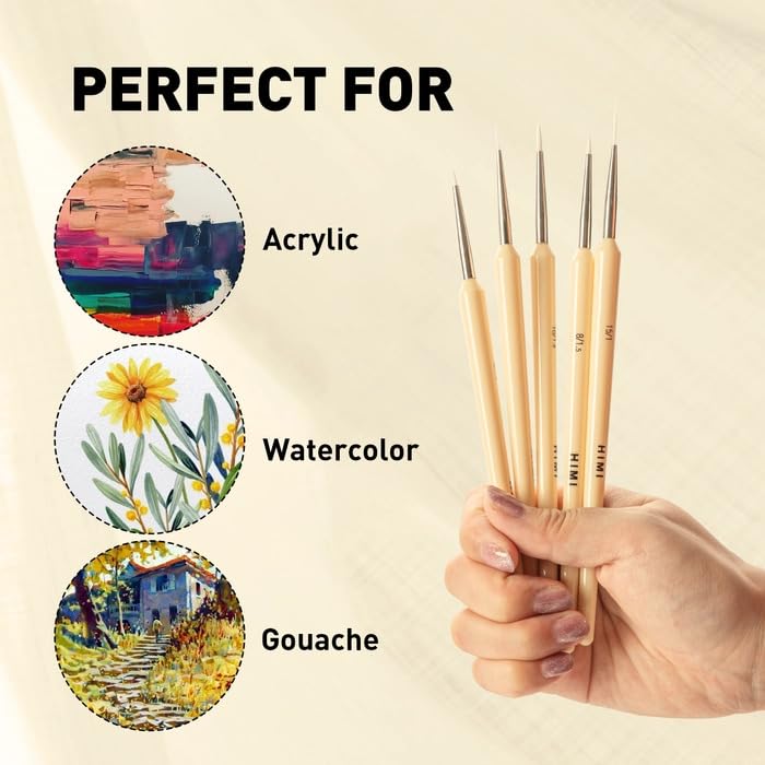 Image of HIMI Gouache /Paint Brushes Set 5 Pcs for Acrylic Oil Watercolor Face & Body Gouache Painting Nice Gift Art hobbyist,Adults (Cream)