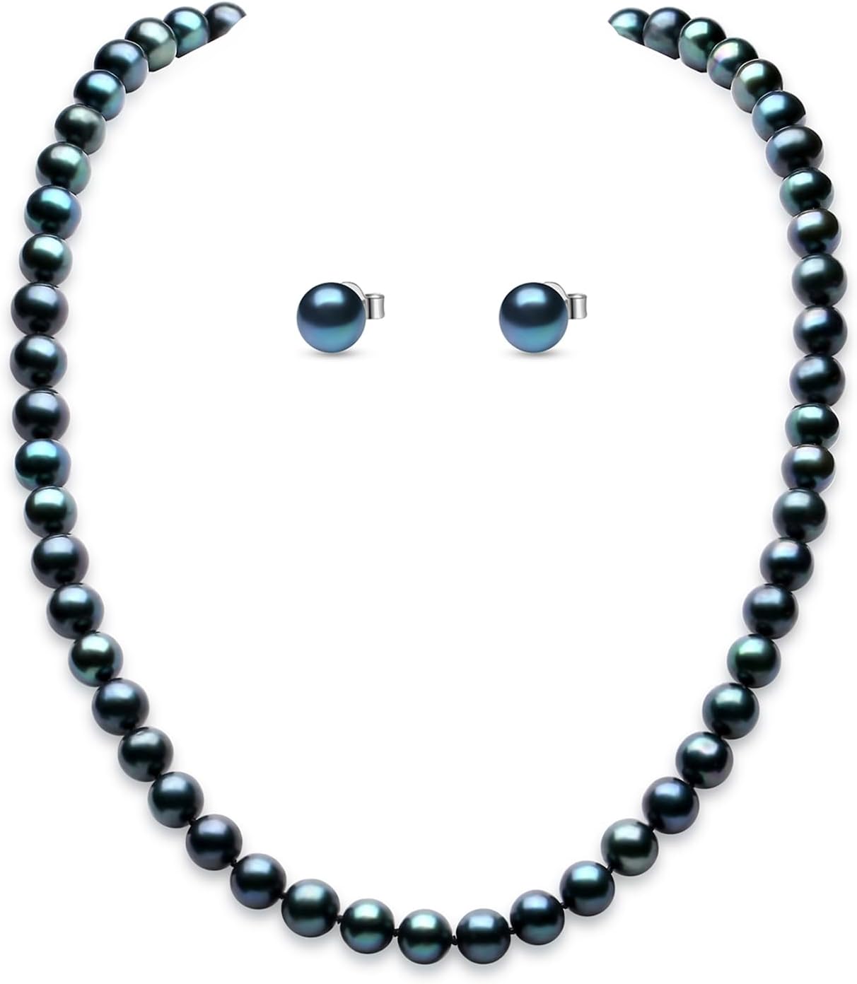 YAMI Tahitian Pearl Necklace Earring Set, Natural Saltwater Cultured Round Pearl 8.5-9MM Strand Necklace with Round Pearl Studs 7.5-8.0MM, 925 Sterling Silver Clasp, Luxurious Jewelry Gift for Woman