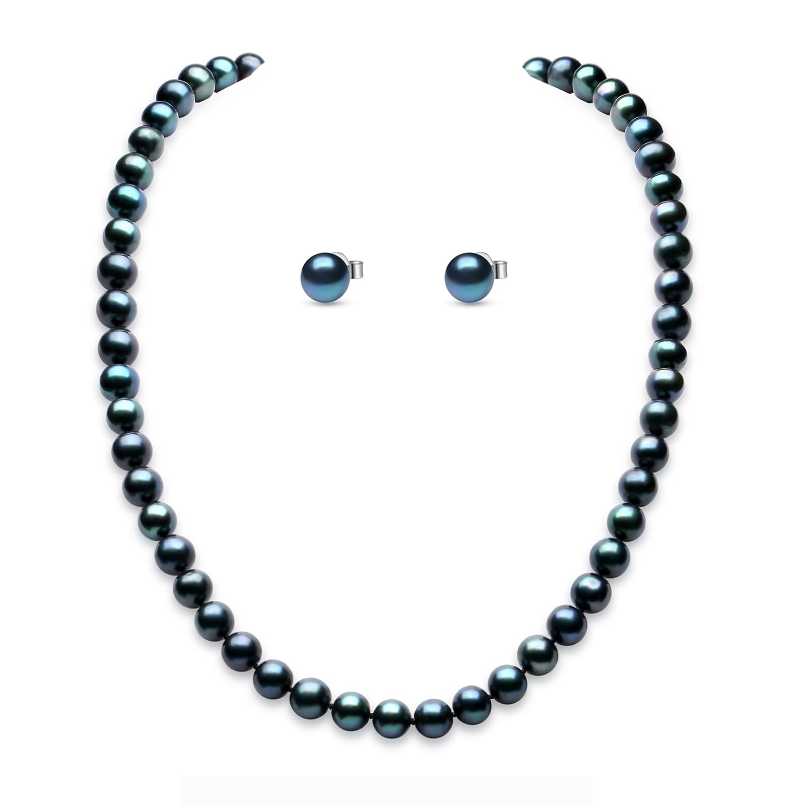 YAMI Tahitian Pearl Necklace Earring Set, Natural Saltwater Cultured Round Pearl 8.5-9MM Strand Necklace with Round Pearl Studs 7.5-8.0MM, 925 Sterling Silver Clasp, Luxurious Jewelry Gift for Woman