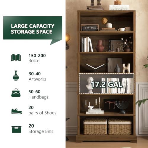 Image of TVU 6 Tiers Wooden Bookshelf, 77.2 inch Tall Farmhouse Style Open Bookcase, 31.5 inch Wide Standing Book Shelf with Storage for Study Room, Living Room, Walnut Brown