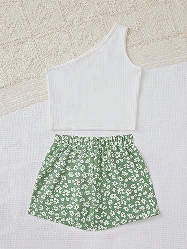 Image of SHENHE Girl's 2 Piece Outfits Ribbed One Shoulder Tank Top and Floral Shorts Set Green White 8Y