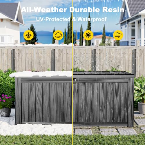 Image of 150 Gallon Waterproof Outdoor Storage Box, UV Resistant Resin Deck Box with Hydraulic Rod for Reinforced Stability, Perfect for Patio, Garden, and Pool, Striped Black