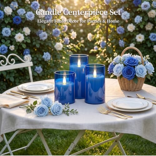 Image of Homemory Realistic Flickering Flameless Blue Candles with Remote & Timer | LED Fake Electric Pillar Candles Battery Operated for Home, Halloween, Christmas Decor, Set of 3
