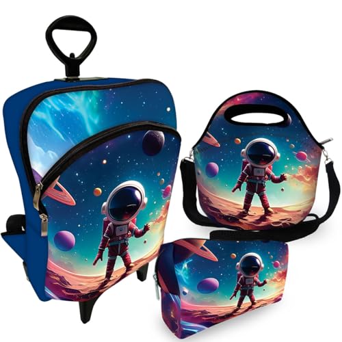 Kit Mochila de Carrinho C/Roda Infantil + Lancheira + Estojo Astro Planeta