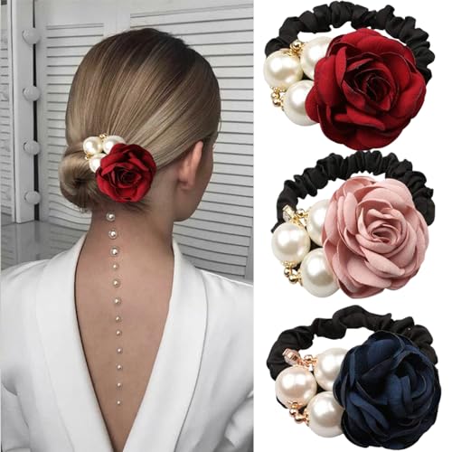 3 Pcs Rose Pearl Hair Ties - Flower Rhinestone Black