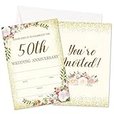 HMJKL 50th Wedding Anniversary Invitations, Floral Gold Glitter Banquet Party Invites With Envelopes For Couple, 50th Anniversary Party Celebration Decorations Supplies, 25 Pack -A01