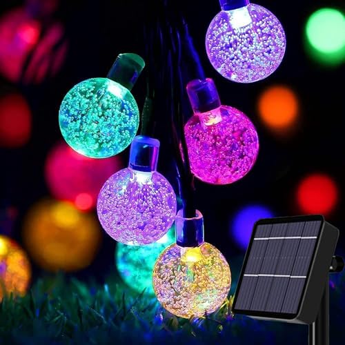 Oreunik Guirnalda de luces solares para exteriores, 8 modos de bola de cristal para exteriores, tira de luces solares para patio, porche, decoración de fiesta de boda (colorido, 50 LED)