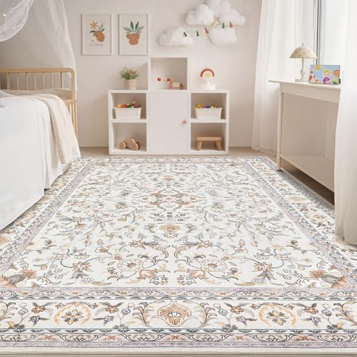 Tortania Area Rug Living Room Rugs - 9x12 Washable Boho Rug Vintage Oriental Distressed Farmhouse Large Thin Indoor Carpet for Living Room Bedroom Under Dining Table Home Office - Floral Beige