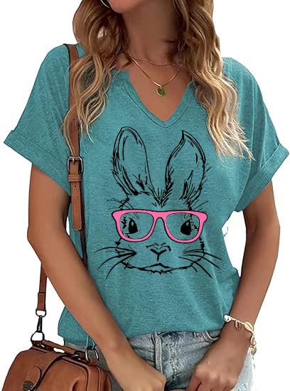 Easter V Neck Shirts for Women Happy Easter Bunny with Glasses Blouse Casual Graphic Spring Colorful Tops Tee