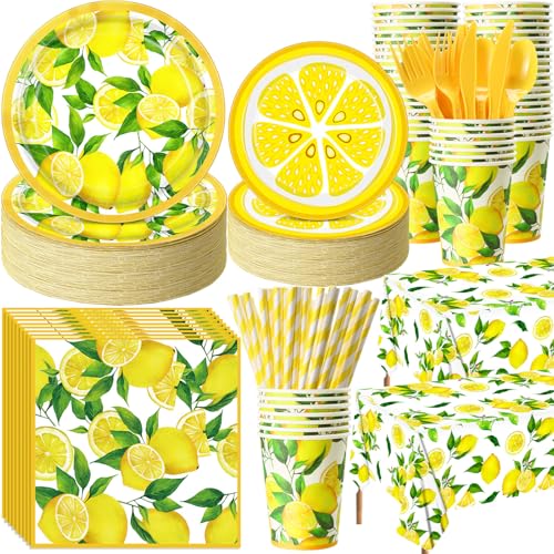 Image of Funnymoom 452 Pcs Lemon Party Decorations, Yellow Lemons Paper Plates Napkins Cups Tablecloth Cutlery Straws for Summer Fruit Theme Birthday Wedding Baby Shower Party Supplies, Serves 50