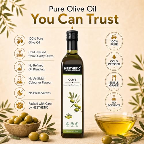 Image of HESTHETIC Premium Extra Virgin Olive Oil 500ml | Cold-Pressed Mediterranean-Sourced EVOO | Unrefined, Low-Acidity | Glass Bottle | Cooking, Salad & Finishing Oil