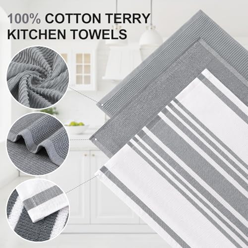 Image of Homaxy Premium Kitchen Towels(18 inchx 28 inch, 3 Pack), Large Cotton 380 GSM Kitchen Hand Towels, Soft and Absorbent Terry Dish Towels, Multipurpose Tea Towel Set with Hanging Loop, Grey