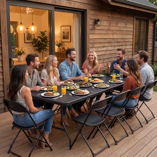 Image of Folding Table, 8FT Foldable Picnic Table with Carrying Handle, Heavy Duty Fold-in-Half Portable Table for Weddings, Camping, RV Travel, Parties, BBQs, and Indoor Use, Easy to Fold and Store
