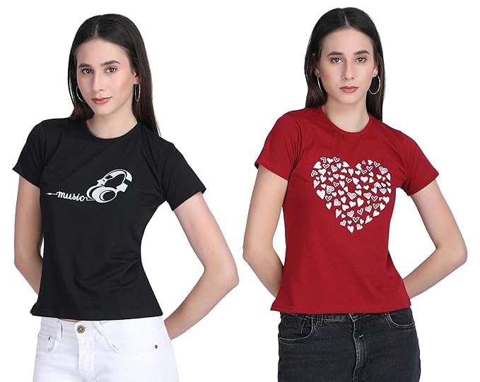 Image of Women's Slim Fit Graphic Printed T-Shirt | Soft 100% Cotton Fabric | Round Neck Half Sleeve Casual Top, Travel & College Pack of 2 Set