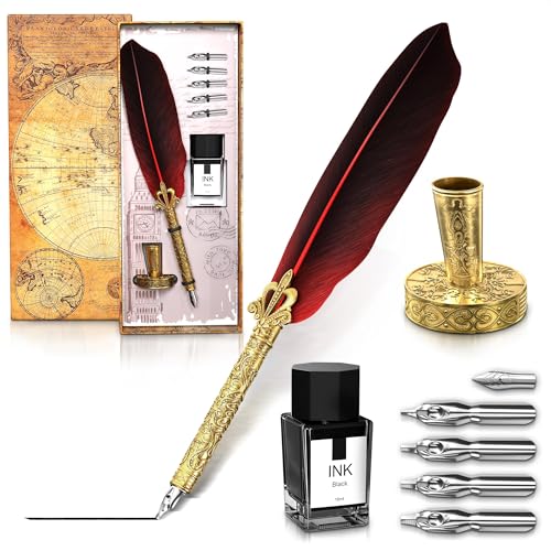 Red Feather Quill Pen and Ink Set with 6 Stainless Steel Nibs (0.6-3mm) - Antique Kit with Inkwell...