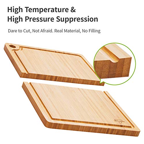 SKY LIGHT Cutting Board, Organic Pre-Oiled Bamboo Chopping Board with Juice Groove for Meat, Cheese, Fruit & Vegetables, Kitchen Butcher Block with Hanging Hole, 100% Natural BPA Free -Medium