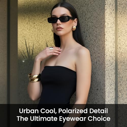 Image of SNDIA Polarized Women's Retro Rectangular Sunglasses | Premium Frame | UV400 Protection for Driving, Outdoor Activity - Black