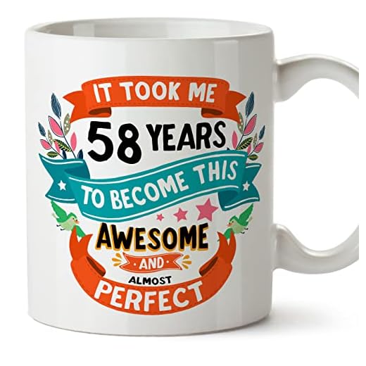 MUGFFINS Tazas 58 Cumpleaños - En Inglés - It took me 58 years to become perfect - 11 oz - Regalo original y divertido