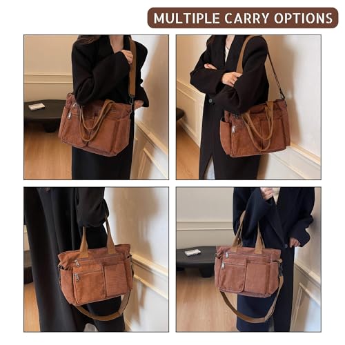 Vintage Corduroy Tote Bag with Zipper, Large Shoulder Bag for Women with Multi-Pocket, Lightweight Crossbody Purse4