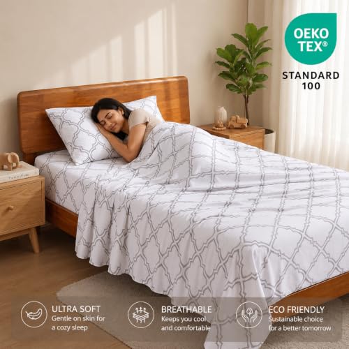 Image of LANE LINEN 100% Organic Cotton Bedsheet for Single Bed - Trellis Silver | GOTS Certified, Percale Weave, 60x90 inches, Soft & Breathable, Machine Washable, Includes 1 Pillow Cover