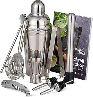 Oak & Steel - 10 Piece Silver Cocktail Set, Stainless Steel Bar Tools with Recipe Book, Includes 550ml Shaker, Cocktail Making Kit