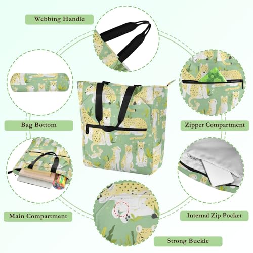 Children's Book Tote Bag for Kids Students Adults, Cartoon Cheetah Mint Green Water-resistant Reusable Book Bag Grocery Bag with Zipper for School Work Travel3