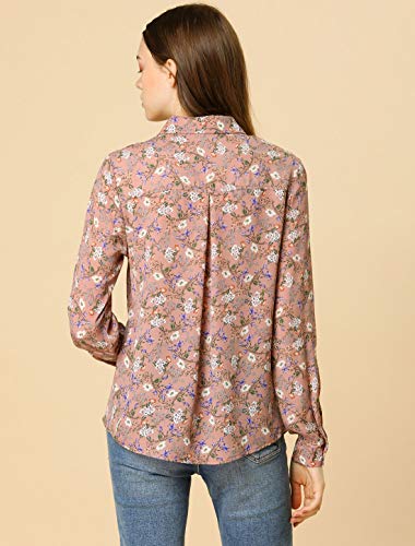 Allegra K Women's Button Down Floral Shirt Blouse Long Sleeve Point Collar Button Up Shirts Top Medium Pink