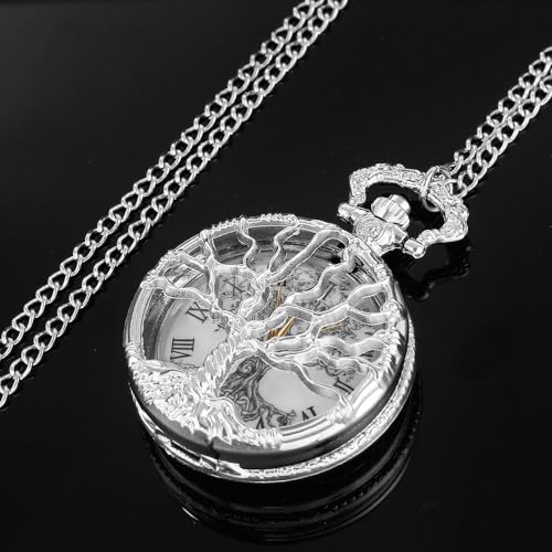 Image of Tiong Pocket Watch Hollow Tree of Life Design Roman Numerals Customizable Quartz Pocket Watch with Chain Birthday Gifts