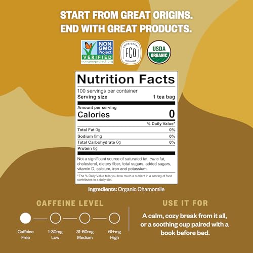 Image of FGO Organic Chamomile Tea, 100 Count, Eco-Conscious Tea Bags, Resealable Bag, Packaging May Vary (Pack of 1)