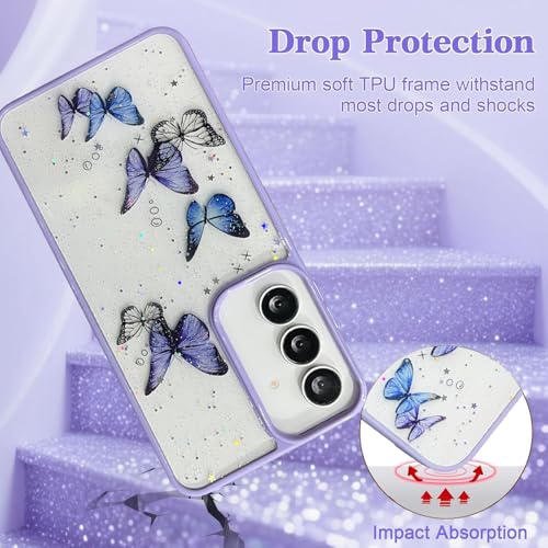 Image of VONZEE for Samsung Galaxy S24 FE Clear Glitter Butterfly Case, Cute Bling Sparkle Shiny Soft Silicone TPU Bumper Shockproof Women Girls Slim Protective Phone Cover for Galaxy S24 FE, Purple