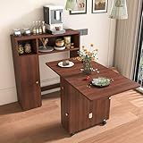 VKTO Folding Dining Table with Wall Mounted Sideboard, Expandable Dining Table with Wheels, Entryway Table with Charging Station, Kitchen Table for Small Spaces (Walnut)
