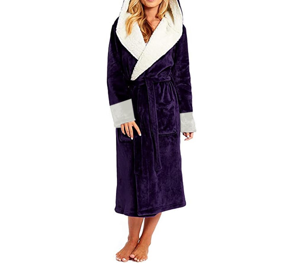 Albornoz Morado Liso con Capucha para Mujer - Bata Larga, Suave y Esponjosa, Cálida y con Cinturón - Kimono y Ropa de Estar Por Casa para El Invierno