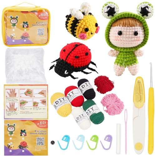 SUNNYCLUE Animal Complete Crochet Kit Cute Crocheting Kit Honeybee Ladybugs Lucky Starter Step-by-Step Video Tutorials Learn to Stitch 3D Knitting Crochet Amigurumi Kits for Adult Starters Beginners