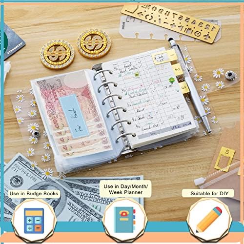 A7 Binder 5.39x4.33" Daily A7 Planner, Transparent with Daisy Binder Notebook, with Binder Wallet x14, Today Bookmark Ruler x1, Accounting Refill Paper x45, Pen x1, Sticker x18, Harphia NPNB-139N-A7