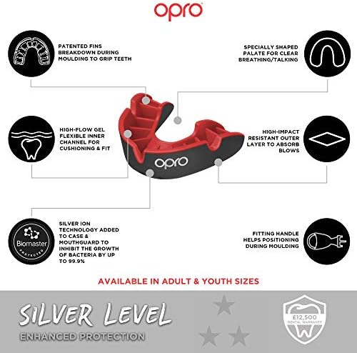 Opro Unisex-Youth Silver Sports Mouthguard, Twin Pack, With Case, Gum Shield for Hockey, Lacrosse, Rugby, MMA, Boxing and Other Contact and Combat Sports (Black/Red + White/Black)