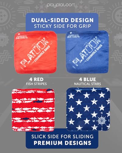 Play Platoon Pro Cornhole Bags Set of 8 - Professional Dual Sided Slick and Sticky Side Competition Corn Hole Bags - Tournament Series 4 Red & 4 Blue Nautical Stars & Stripes