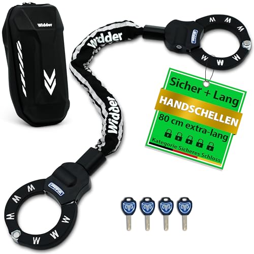 WIDDER Sicheres Handschellenschloss [80cm lang, 4 Schlüssel, 8mm Massiv Stahl] E Scooter Schloss mit Tasche – Handschellen Schloss für e Roller & Fahrrad - Fahrradschloss, e-scooter & e bike lock