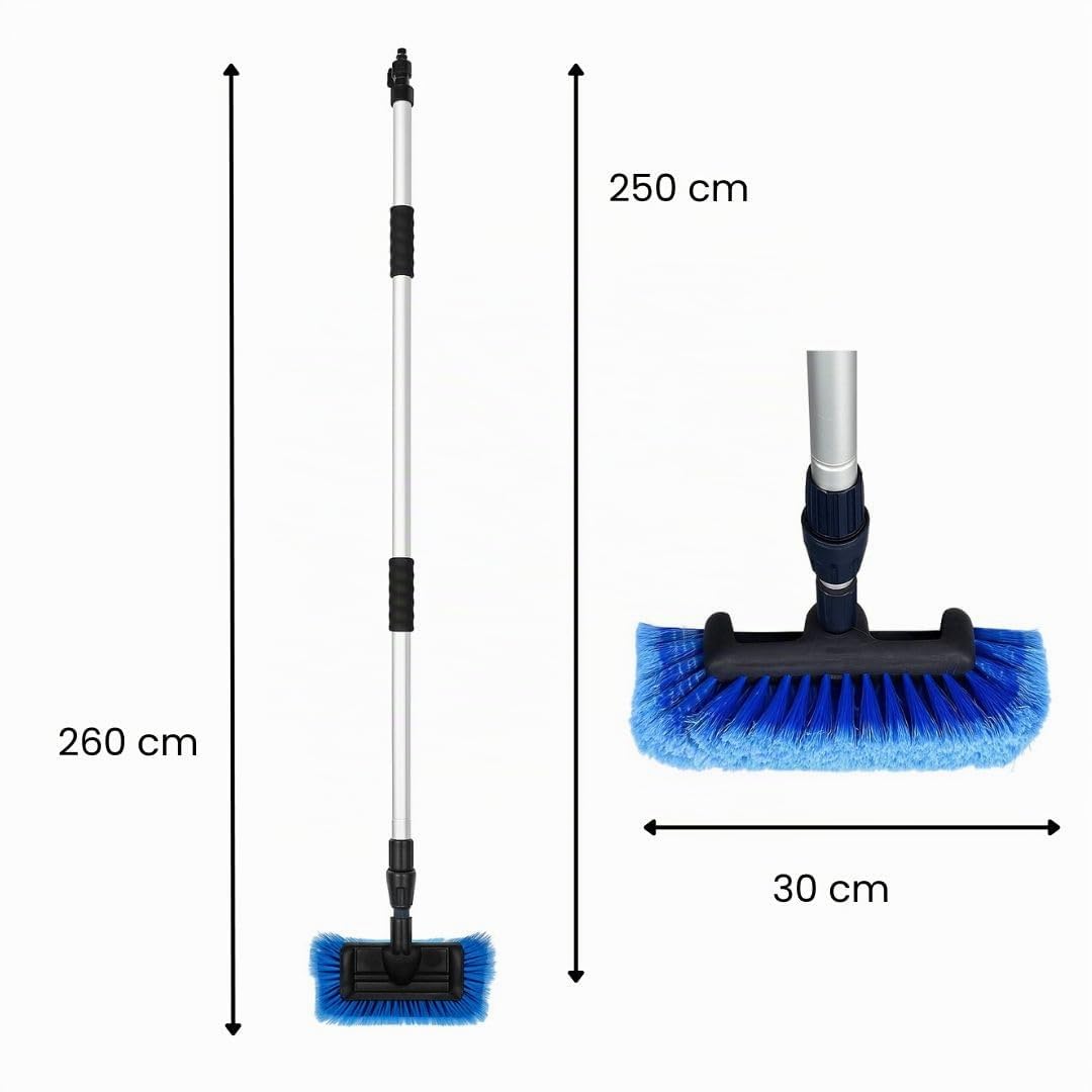 Autowaschbürste mit Teleskopstiel von 150-250 cm mit Wasseranschluss – Profi Waschbürste mit 4-Seiten-Kopf, weichen Borsten, Durchflussregulierung – ideal für LKW, Transporter, Haus & Garten