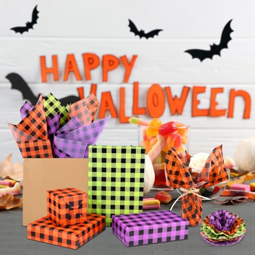 Image of NEBURORA 60 Sheets Halloween Tissue Paper 14 x 20inch Orange Green Purple Buffalo Plaid Wrapping Paper for DIY Craft Gift Bags Halloween Party Supplies