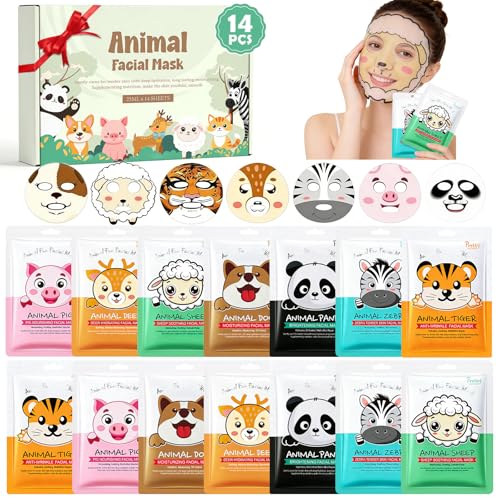 YUEONEWIN Animal Face Masks Skincare 14 Sheets Hydrating Skin Care Face Masks for Women Bulk Spa Facial Masks Set for Night Sleepover Party Christmas Birthday Gifts