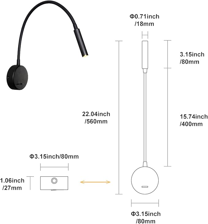 DAWALIGHT DAWALIGHT Lees wandlampen zwart, flexibele zwanenhals lamp LED 3W 3000K muur gemonteerd 240V met schakelaar voor slaapkamers Woonkamer Indoor Lounge photo 3