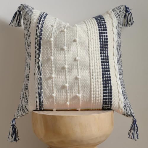 DEZENE Boho Pillow Cover 18x18 Navy Blue - Handmade Woven Textured Throw Pillow Case with Cordings & Tassels, Decorative Accent for Couch Sofa Bed Farmhouse Living Room Bedroom Home Decor