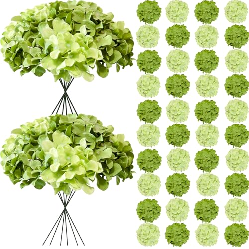 Cherica 50 Pcs Faux Green Mix Hydrangea Artificial Flowers Bulk Fake Silk Hydrangea Flowers Heads with Stems for Wedding Decorations Garden Party Baby Shower Porch Home Decor Table Centerpieces